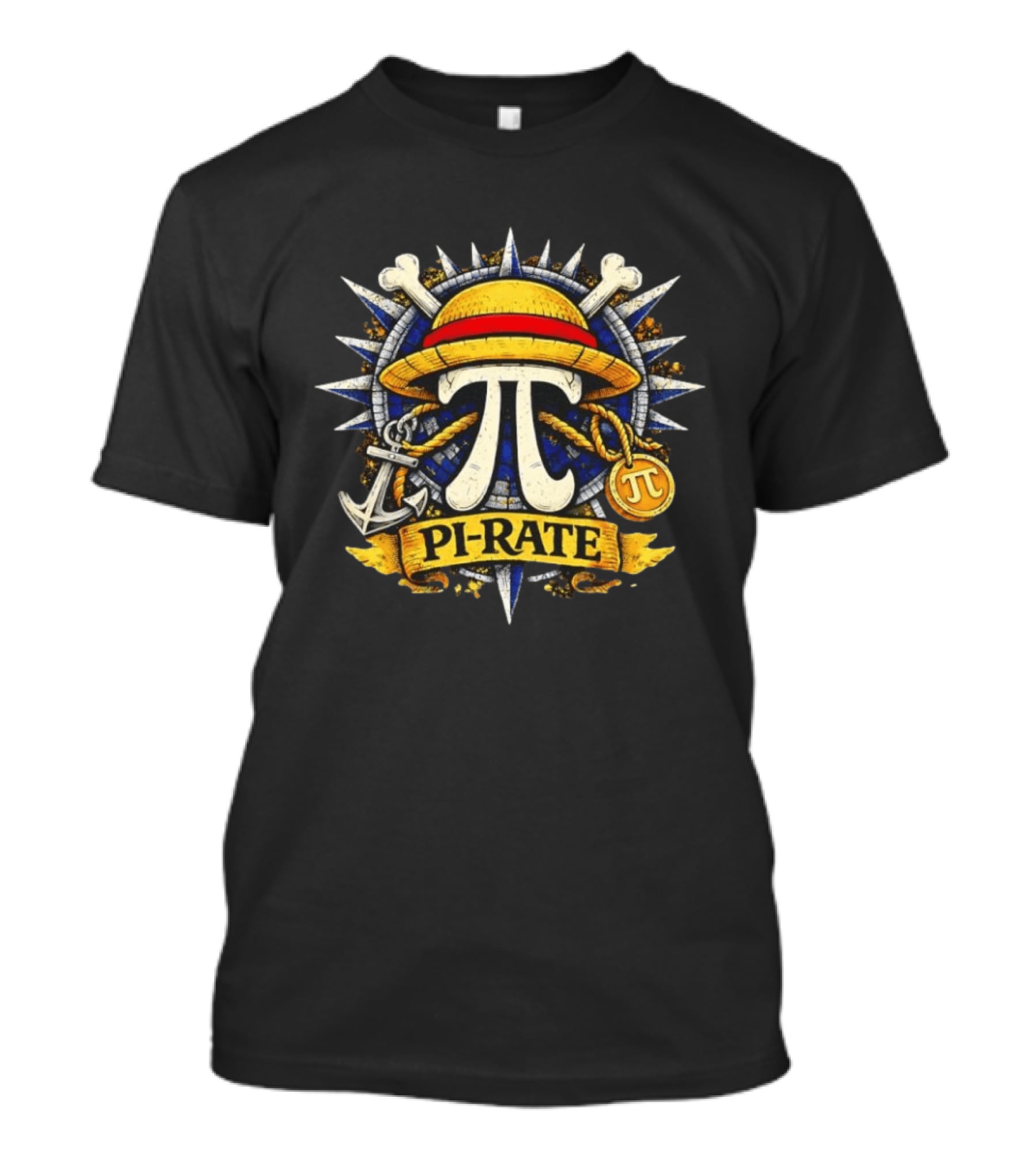 One Piece Pirate Straw Hat Pi Symbol Nautical Anchor Crossbones Medallion T-Shirt