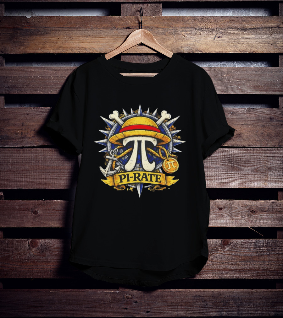 One Piece Pirate Straw Hat Pi Symbol Nautical Anchor Crossbones Medallion T-Shirt