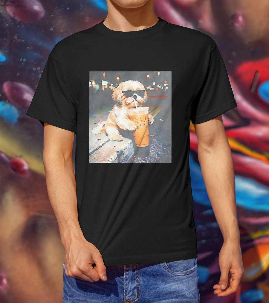 Shih Tzu Enjoying Iced Coffee At Night With Sunglasses T-Shirt