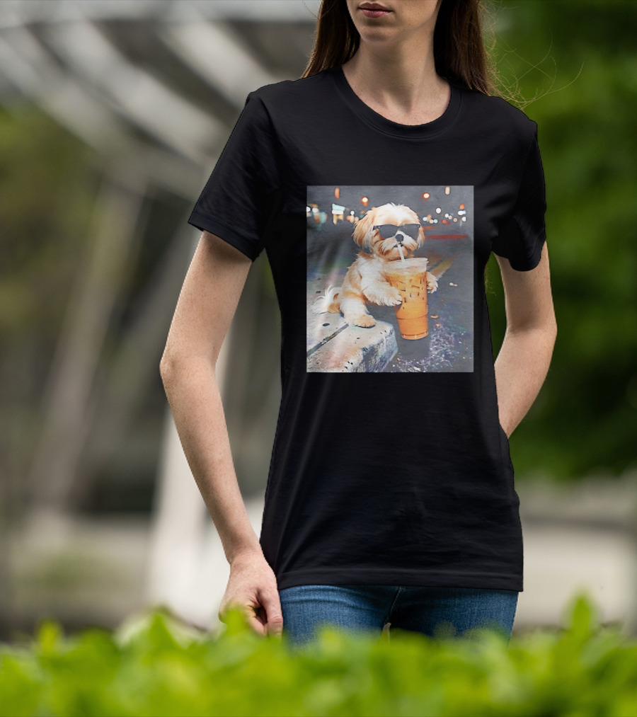 Shih Tzu Enjoying Iced Coffee At Night With Sunglasses T-Shirt