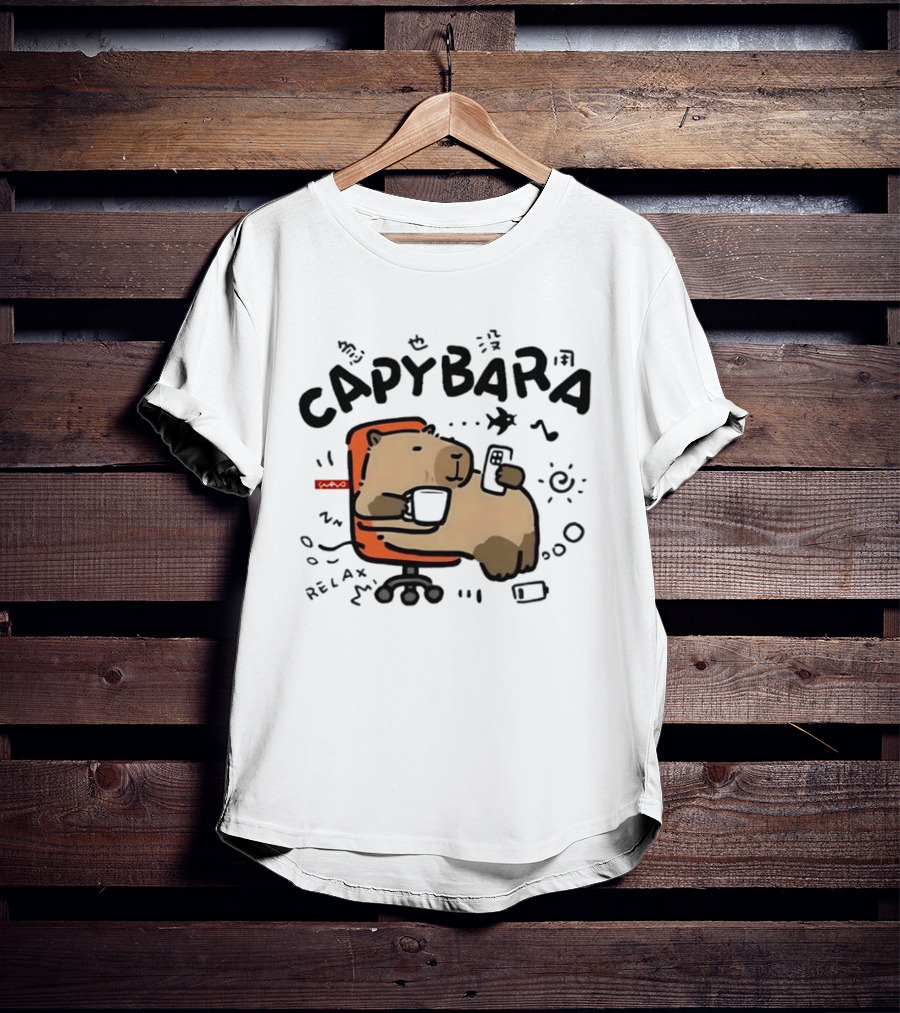 Capybara Relaxing On Office Chair With Coffee And Phone T-Shirt