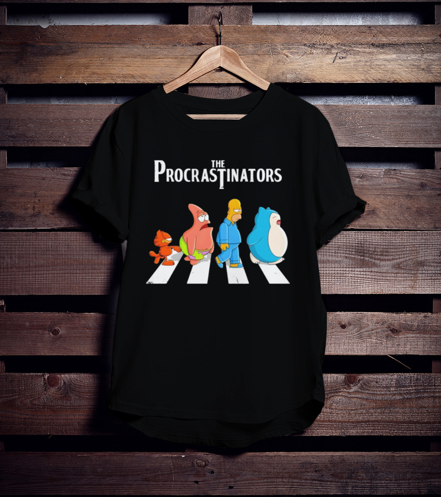 The Procrastinators Cartoon Abbey Road Parody With Iconic Characters Crossing T-Shirt