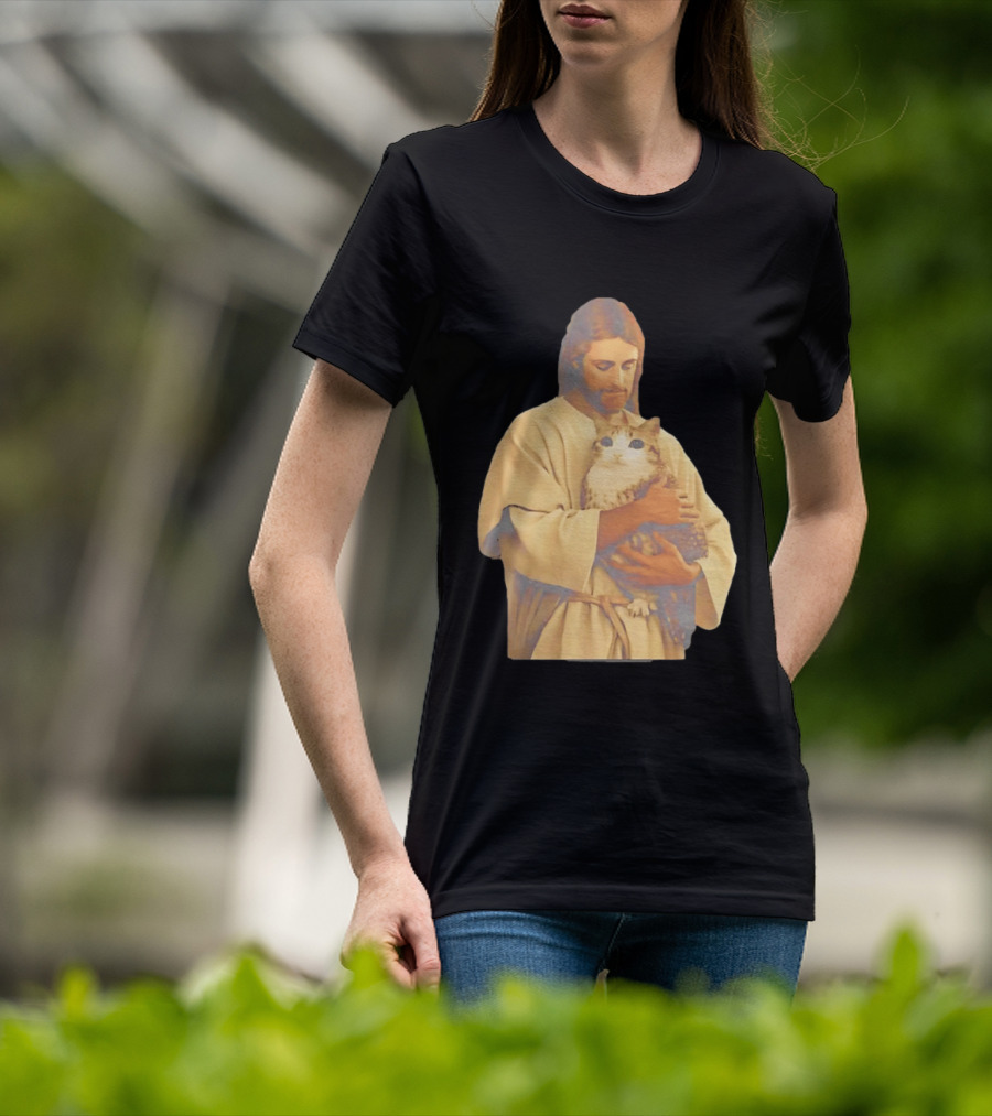 Jesus Embracing Chubby Cat T-Shirt