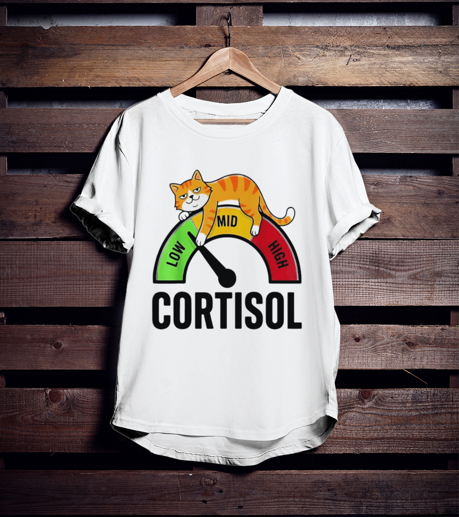 Cat Low Mid High Cortisol Level Meter With Relaxed Orange Cat T-Shirt