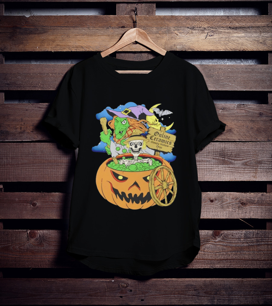 Online Ceramics Sleepy Hollow Ohio Witch Skeleton Pumpkin Cauldron Scene T-Shirt