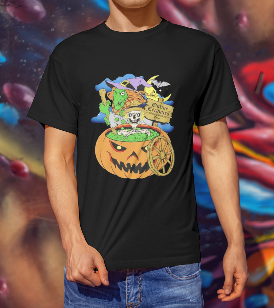 Online Ceramics Sleepy Hollow Ohio Witch Skeleton Pumpkin Cauldron Scene T-Shirt