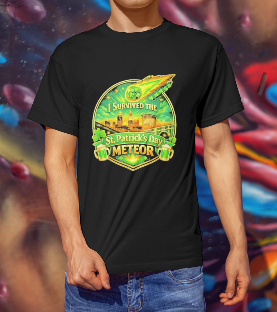 I Survived The St Patrick's Day Meteor 2026 Cityscape And Cloverburst T-Shirt