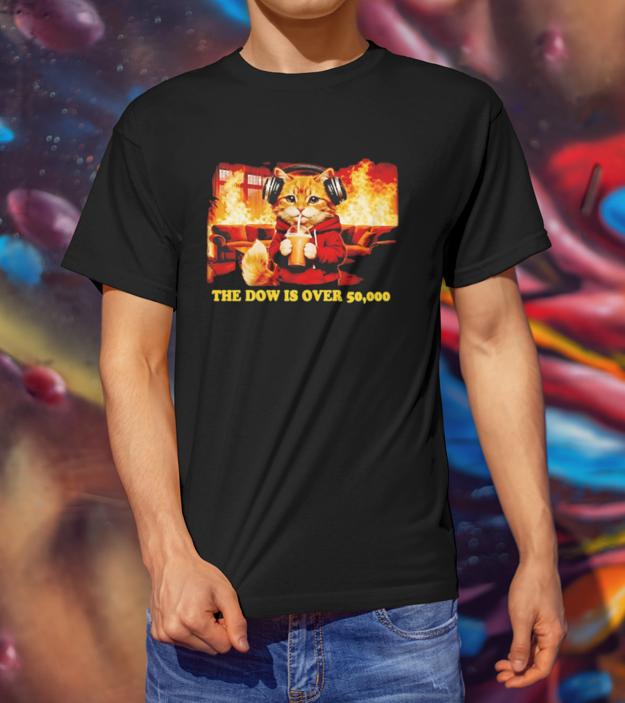 Cat Headphones Sipping Drink Couch Fire The Dow Is Over 50000 T-Shirt