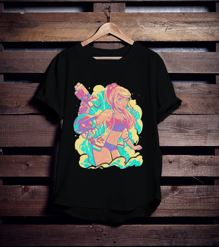 Metroid Water Games Neon Anime Girl With Water Gun And Floating Creature T-Shirt