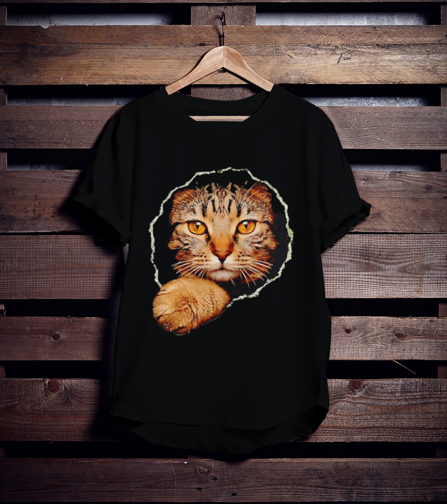 Tabby Cat Golden Eyes Peeking Through Handsome Brown T-Shirt