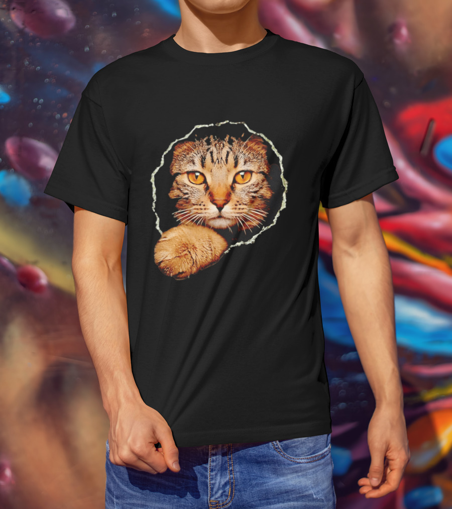 Tabby Cat Golden Eyes Peeking Through Handsome Brown T-Shirt