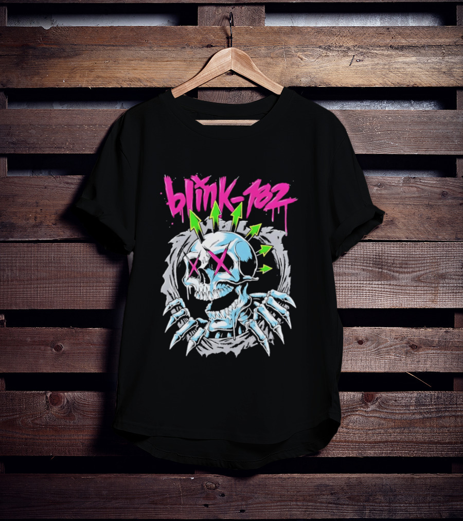 Blink 182 Pink Script With Neon Green Arrows And Punk Skull T-Shirt