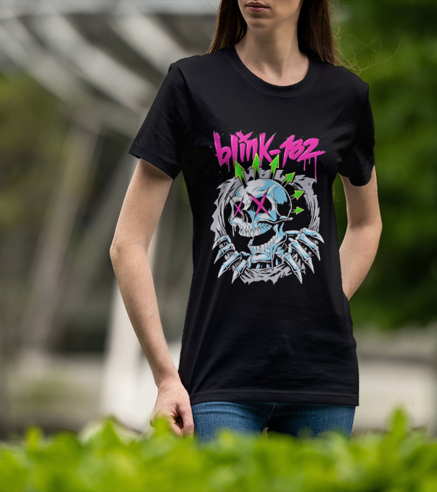 Blink 182 Pink Script With Neon Green Arrows And Punk Skull T-Shirt