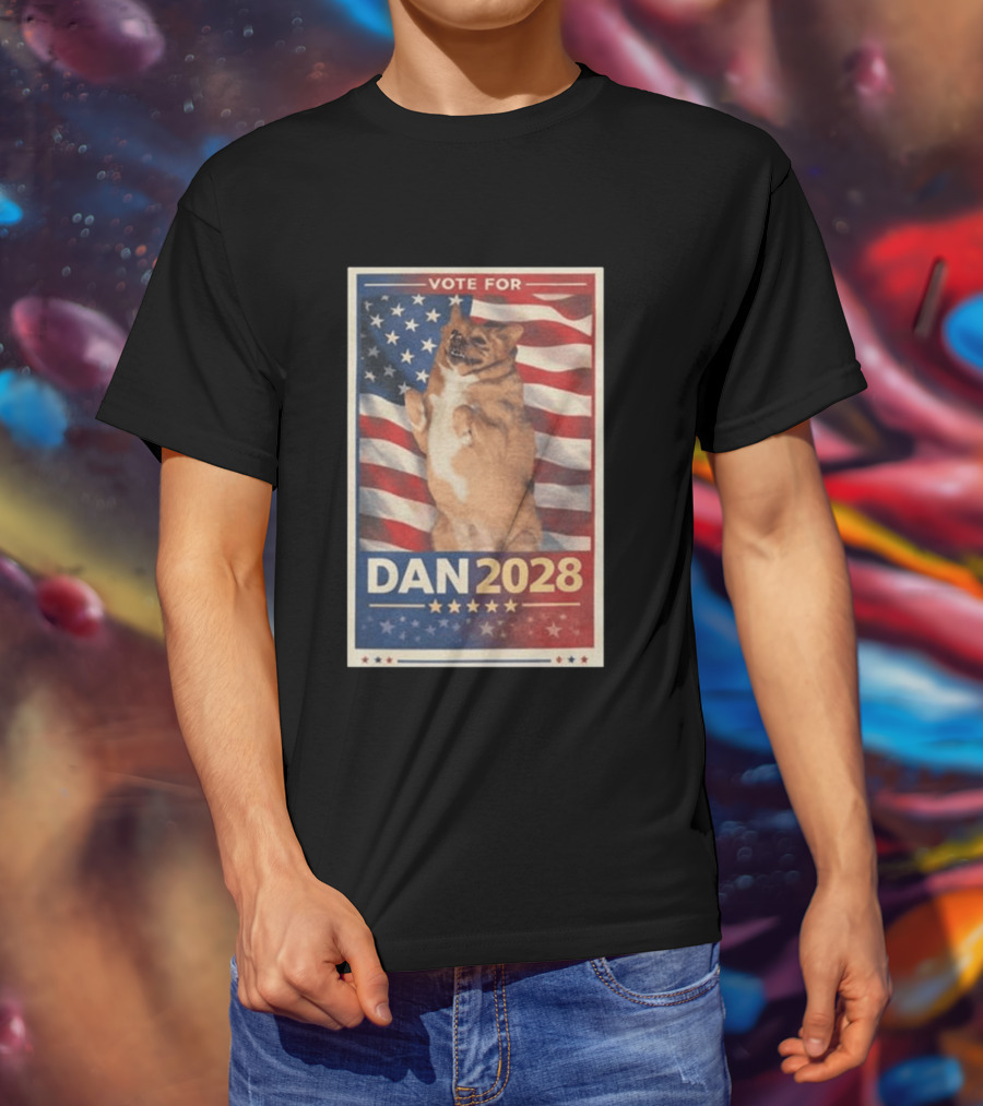 Vote For Dan 2028 American Flag Dog Stars Stripes T-Shirt