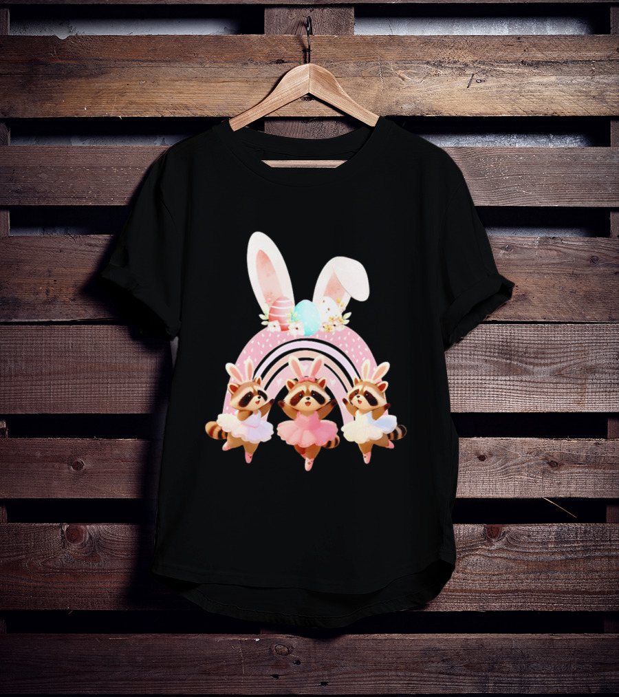 Ballet Dancer Ballerina Raccoons With Easter Bunny Ears And Eggs T-Shirt