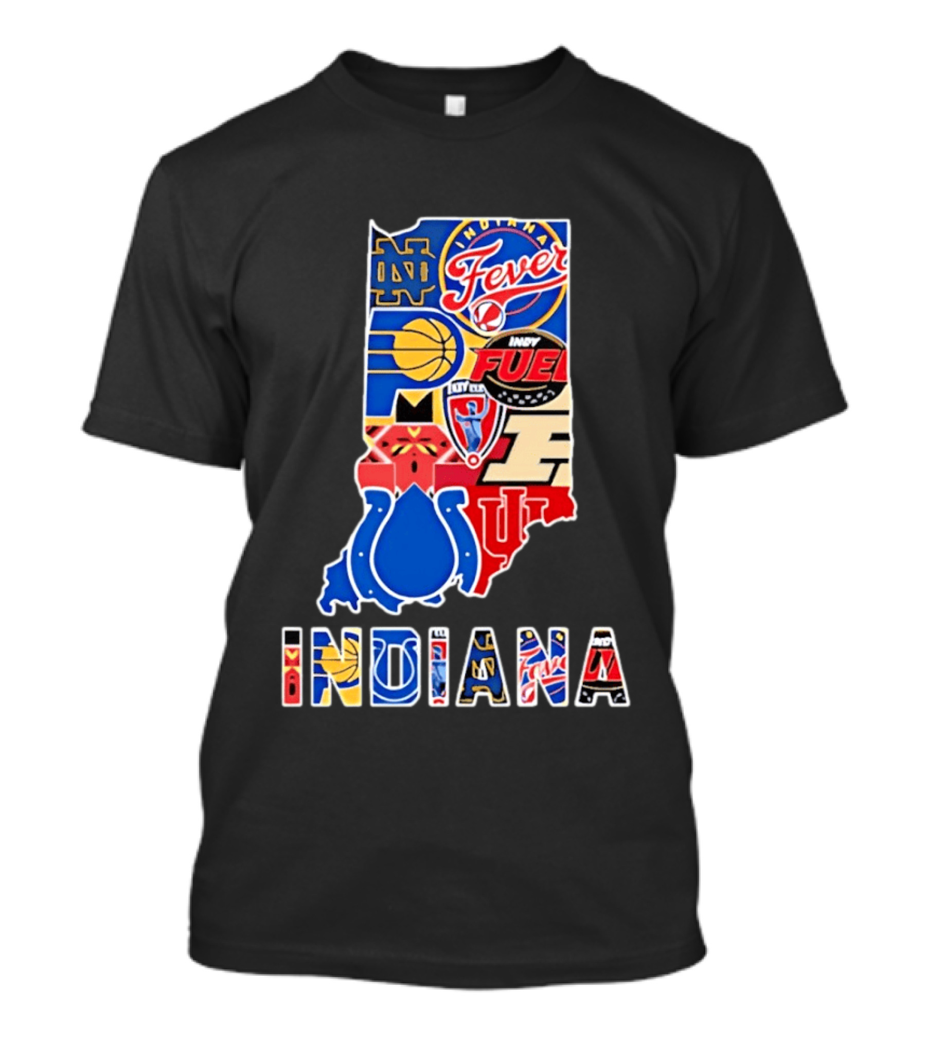 Indiana Sports Team Logos Map Featuring Colts Pacers Fever Hoosiers Fighting Irish Fuel T-Shirt