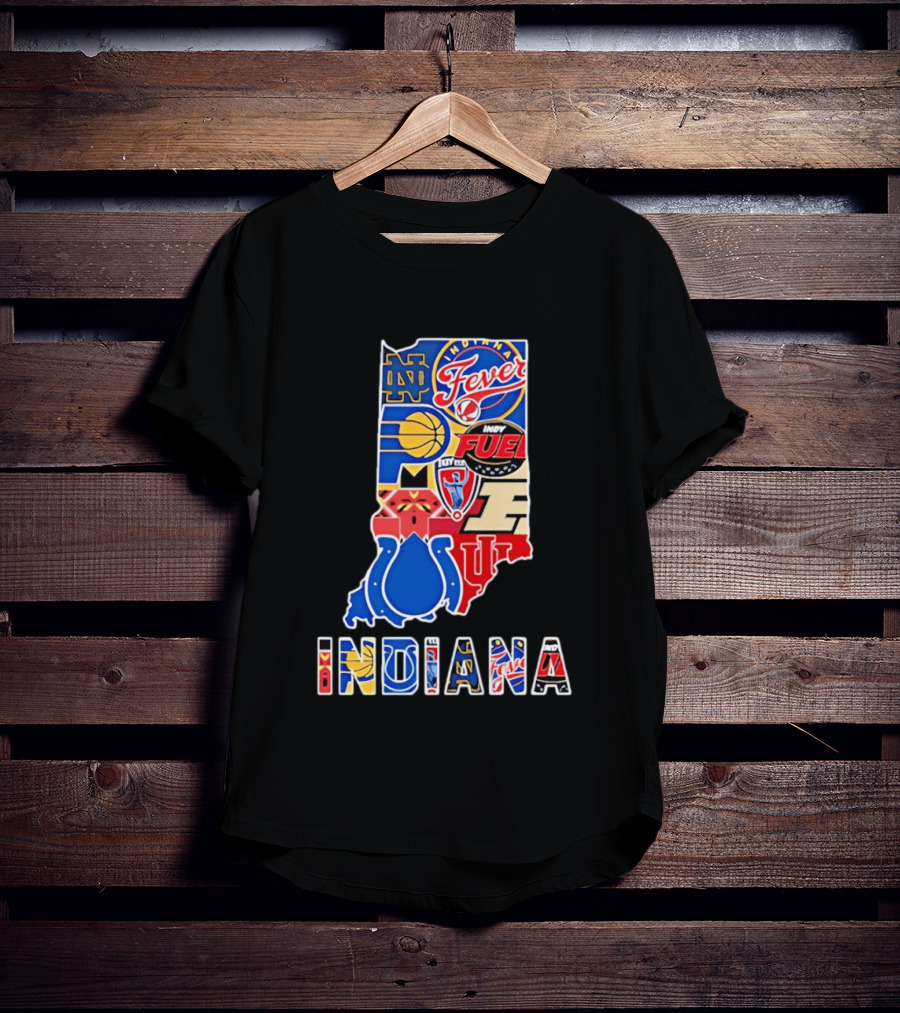 Indiana Sports Team Logos Map Featuring Colts Pacers Fever Hoosiers Fighting Irish Fuel T-Shirt