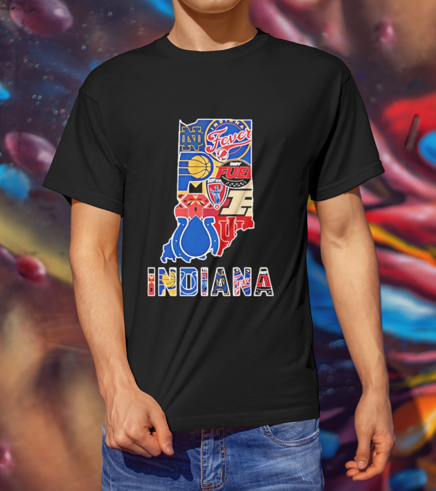 Indiana Sports Team Logos Map Featuring Colts Pacers Fever Hoosiers Fighting Irish Fuel T-Shirt