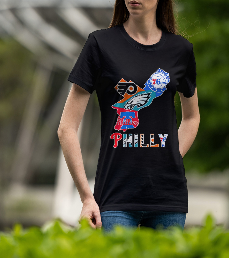 Philadelphia Flyers 76ers Eagles Phillies PHILLY Sports Logos State Map T-Shirt
