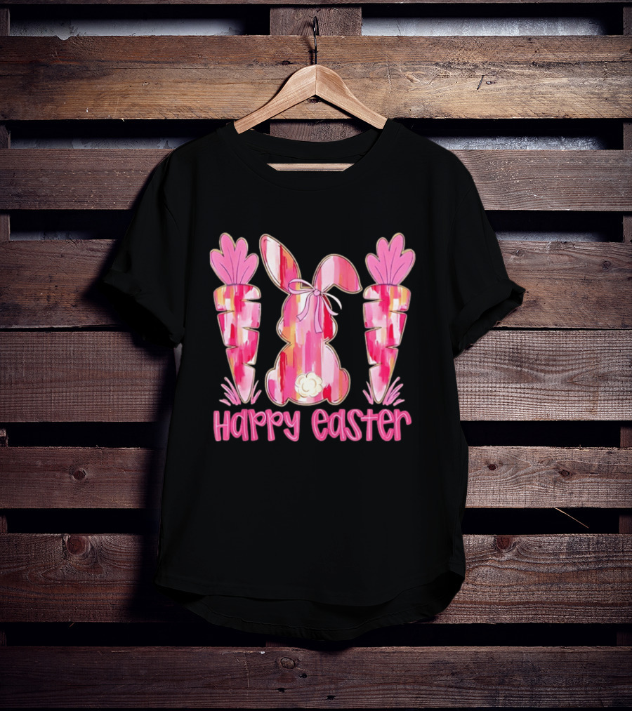 Pink Brushstroke Bunny Carrot Happy Easter T-Shirt