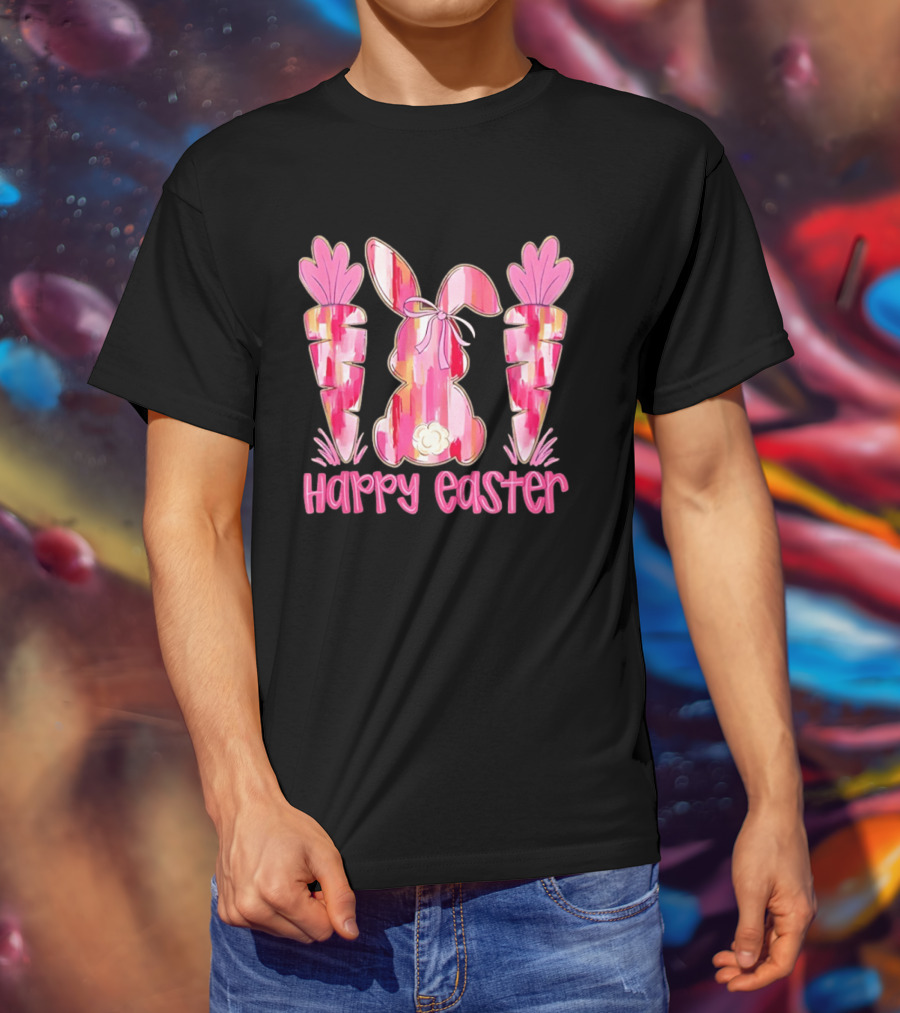 Pink Brushstroke Bunny Carrot Happy Easter T-Shirt