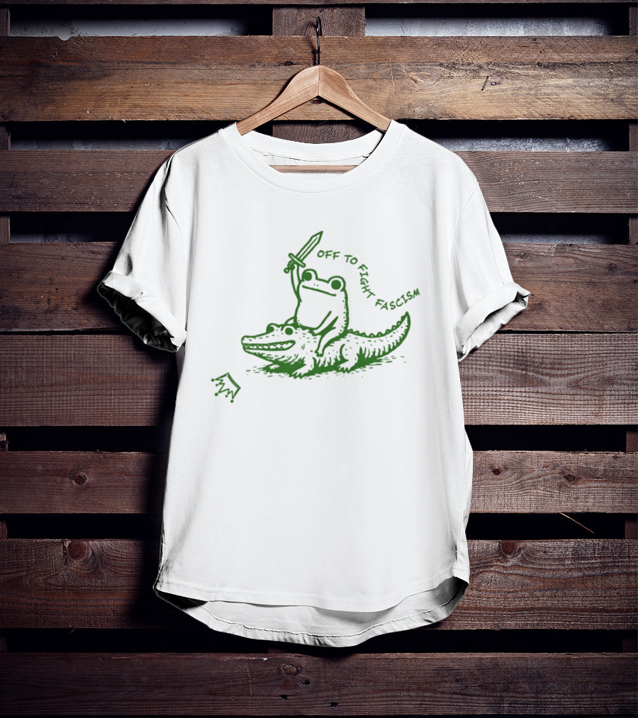 Off To Fight Fascism Unhinged Frog Riding Alligator Sword Meme T-Shirt