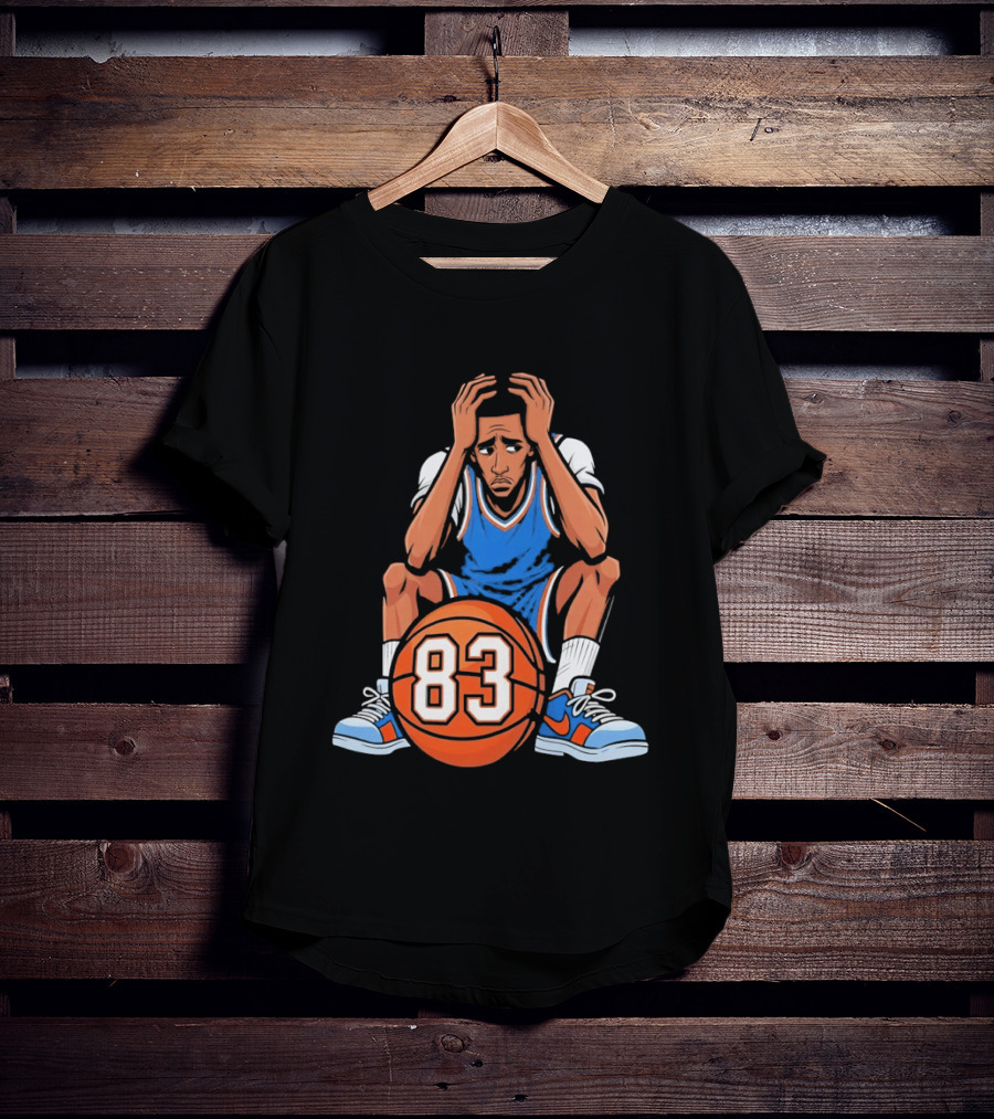 Basketball Player Caricature 83 Sitting Blue Orange Jersey Sneakers T-Shirt