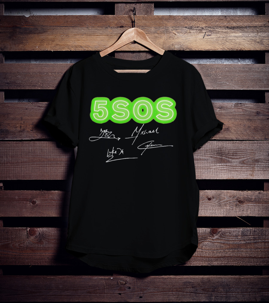 5SOS Luke Hemmings Calum Hood Ashton Irwin Michael Clifford Signatures Neon Green T-Shirt