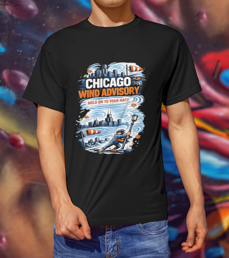 Chicago Wind Advisory Hold On To Your Hat Cityscape And Skyline Scene T-Shirt