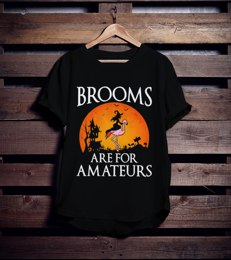 Brooms Are For Amateurs Flamingo Witch Halloween T-Shirt