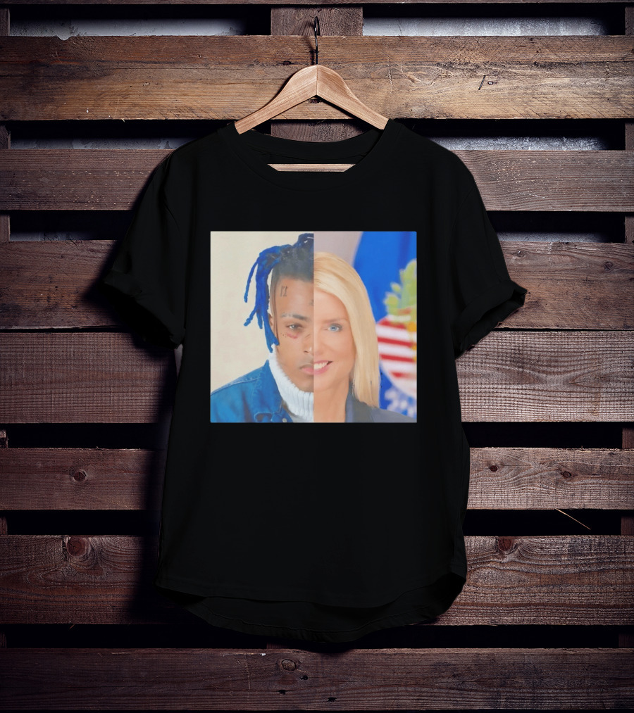 XXXTentacion Pam Bondi Split Image Face Half Blue Dreads Tattoos American Flag T-Shirt