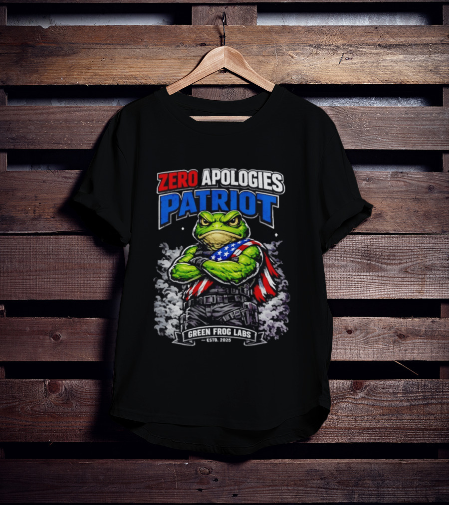 Zero Apologies Patriot Green Frog Labs Estd 2025 American Flag Frog T-Shirt
