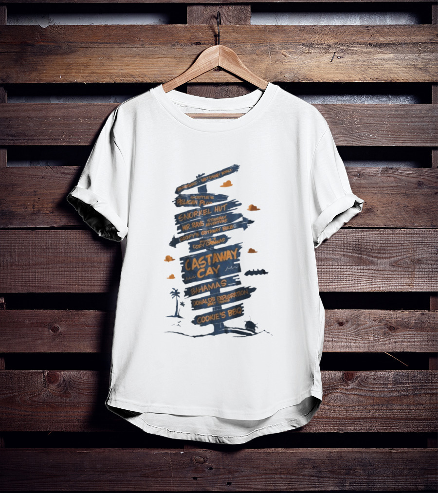 Castaway Cay Bahamas Adventure Signpost Donald's Boat Tours Cookie's BBQ T-Shirt