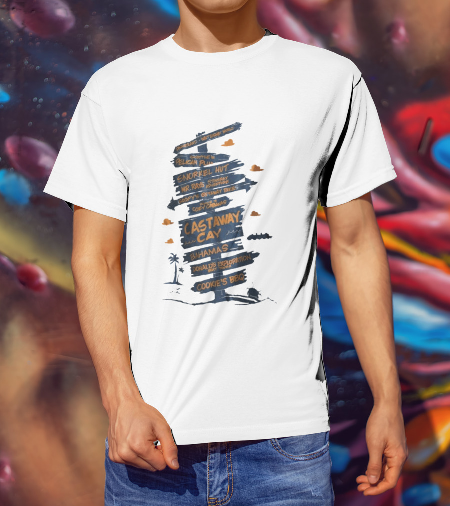 Castaway Cay Bahamas Adventure Signpost Donald's Boat Tours Cookie's BBQ T-Shirt