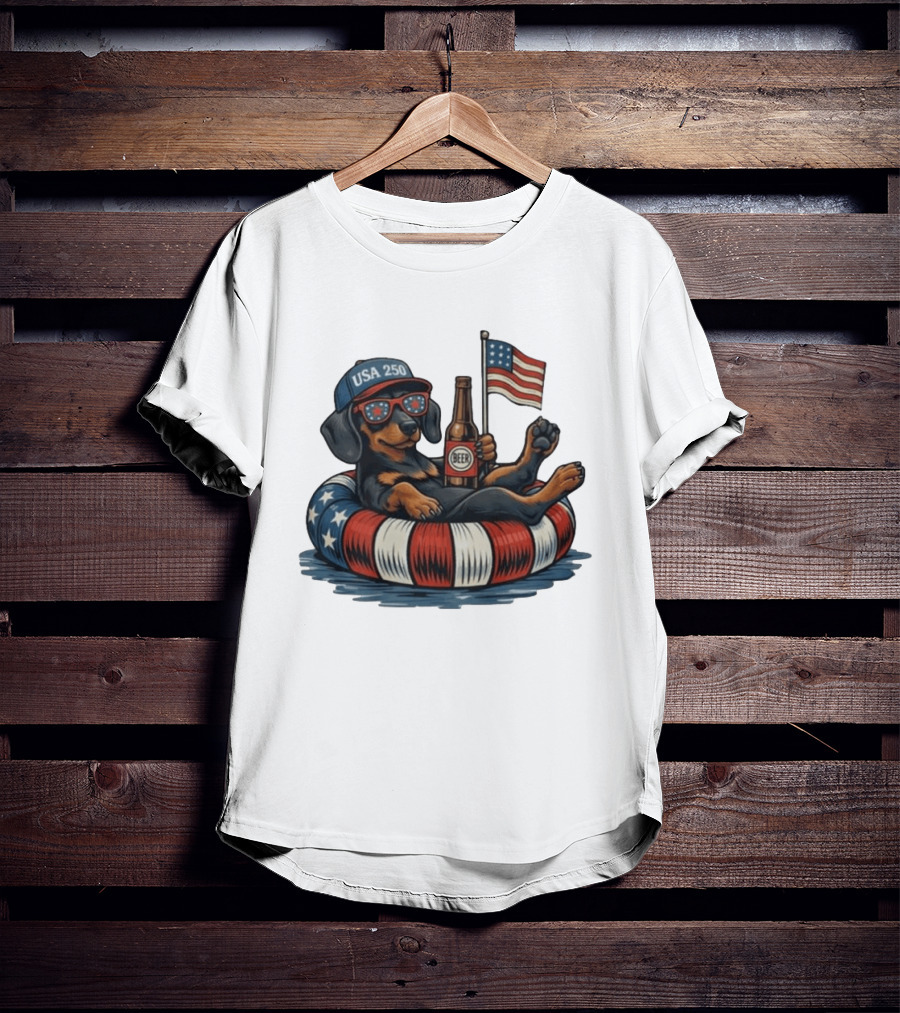 USA 250 Dachshund Floating With American Flag And Beer T-Shirt