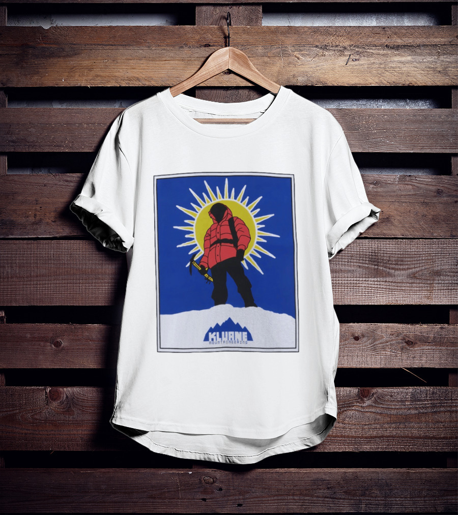 Kluane Mountaineering Hiker In Red Parka With Sunburst And Ice Axe T-Shirt