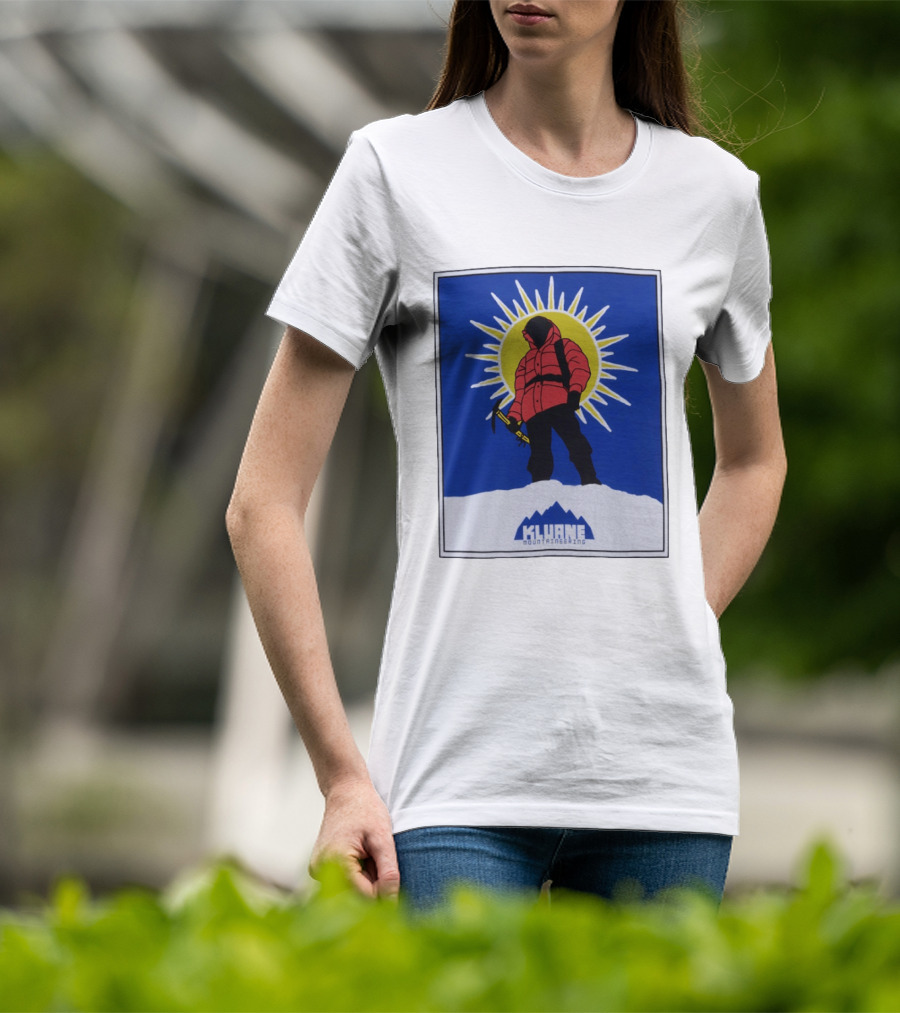 Kluane Mountaineering Hiker In Red Parka With Sunburst And Ice Axe T-Shirt