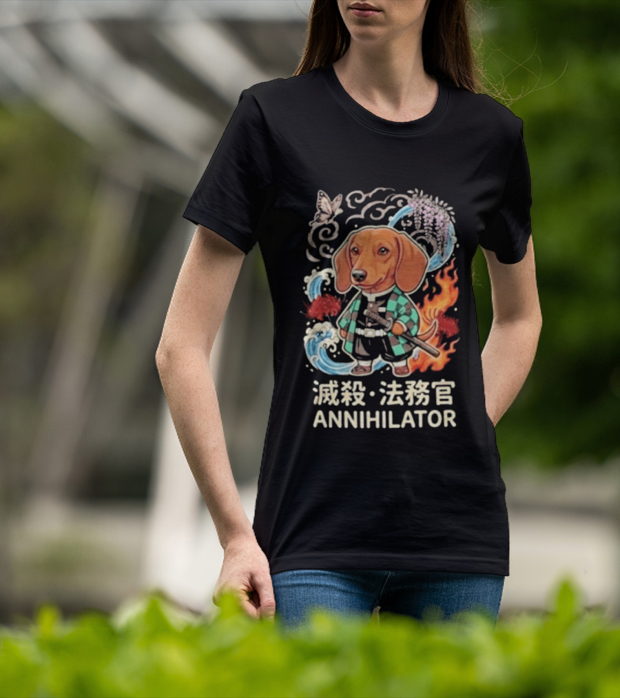 Annihilator Dachshund Kimono Kanji Flame Water Sword Butterfly T-Shirt