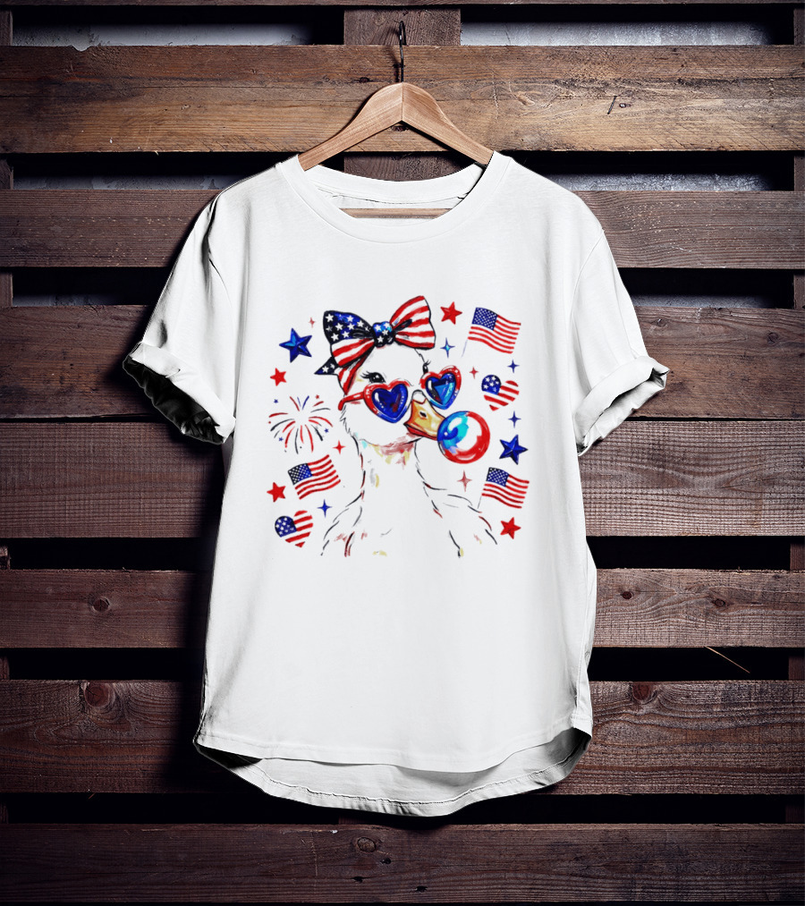 Preppy Patriotic Goose Coquette Fourth Of July With Stars And Stripes Sunglasses And Bow Tie T-Shirt