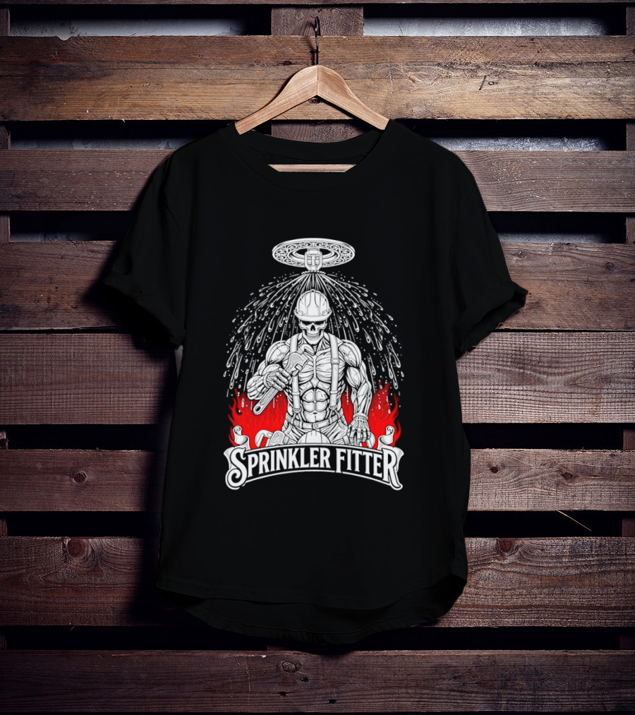 Skeleton Sprinkler Fitter With Fiery T-Shirt