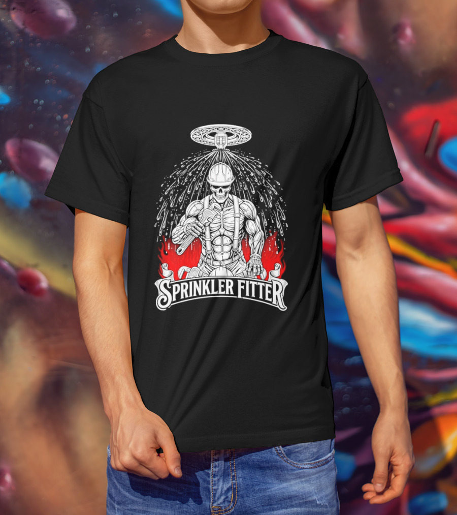 Skeleton Sprinkler Fitter With Fiery T-Shirt