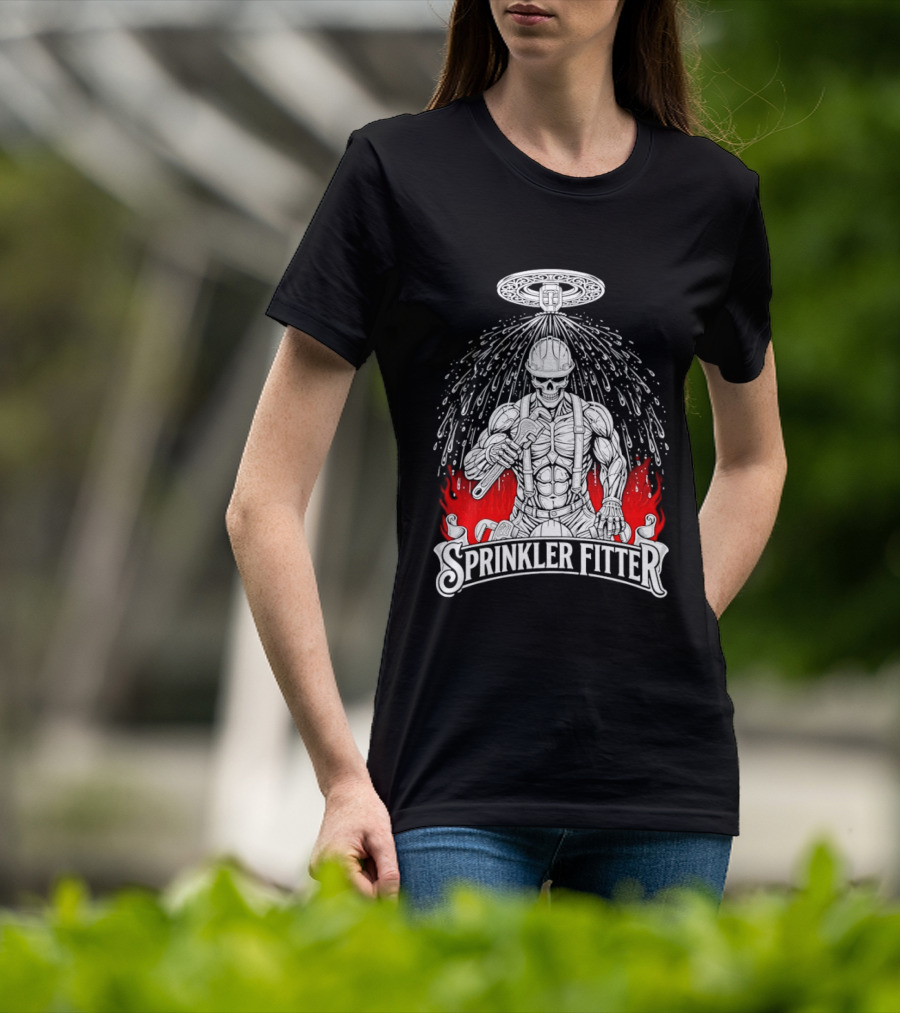 Skeleton Sprinkler Fitter With Fiery T-Shirt