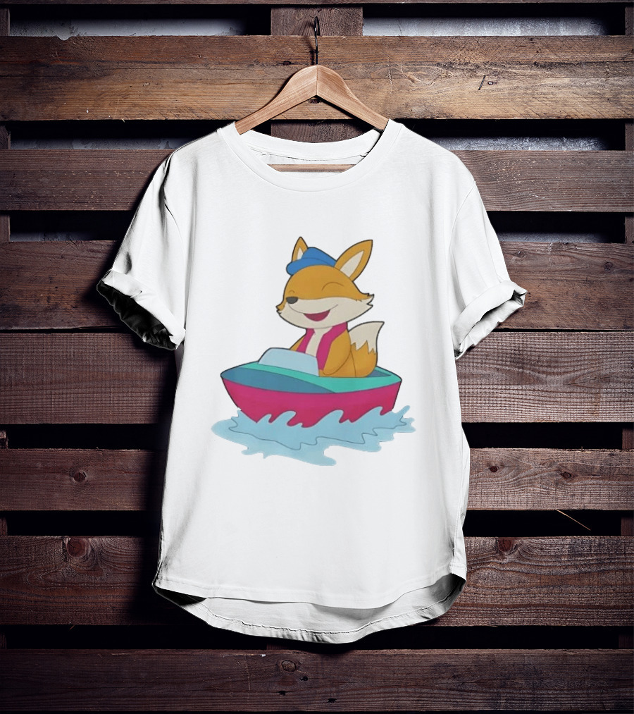 Cheerful Fox Sailing In Colorful Boat With Blue Hat And Pink Life Vest T-Shirt