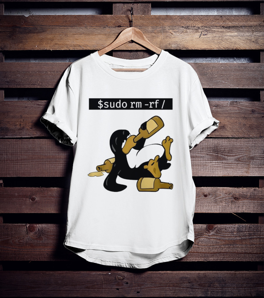 Penguin Linux Tux Drunk Sudo Rm Rf Command Bottles T-Shirt