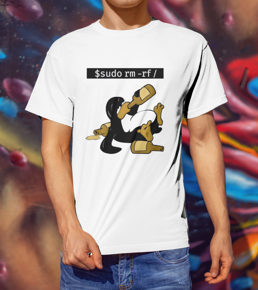 Penguin Linux Tux Drunk Sudo Rm Rf Command Bottles T-Shirt