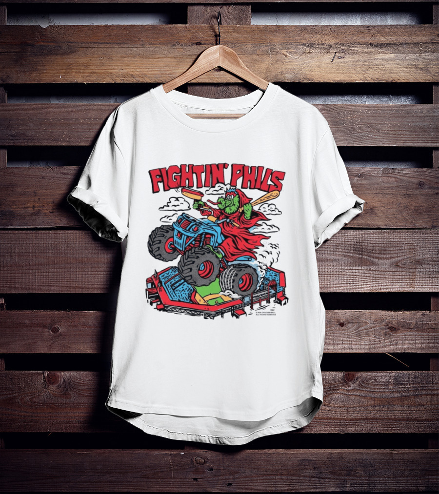 Fightin' Phils Monster Truck Creature Riding Over Baseball Stadium With Bats T-Shirt