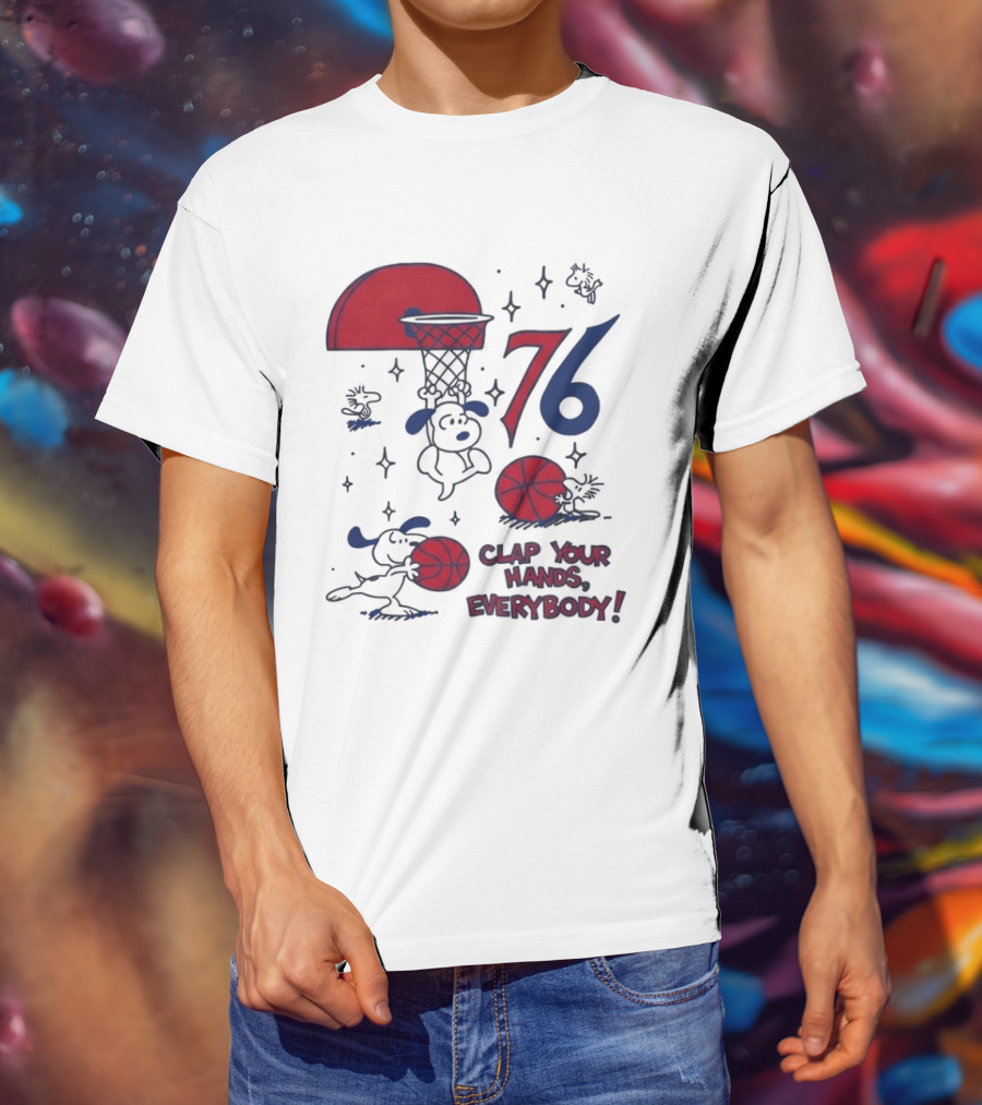 Snoopy Philadelphia 76ers Clap Your Hands Everybody Basketball Theme With Red And Blue T-Shirt