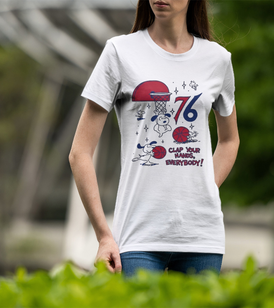 Snoopy Philadelphia 76ers Clap Your Hands Everybody Basketball Theme With Red And Blue T-Shirt