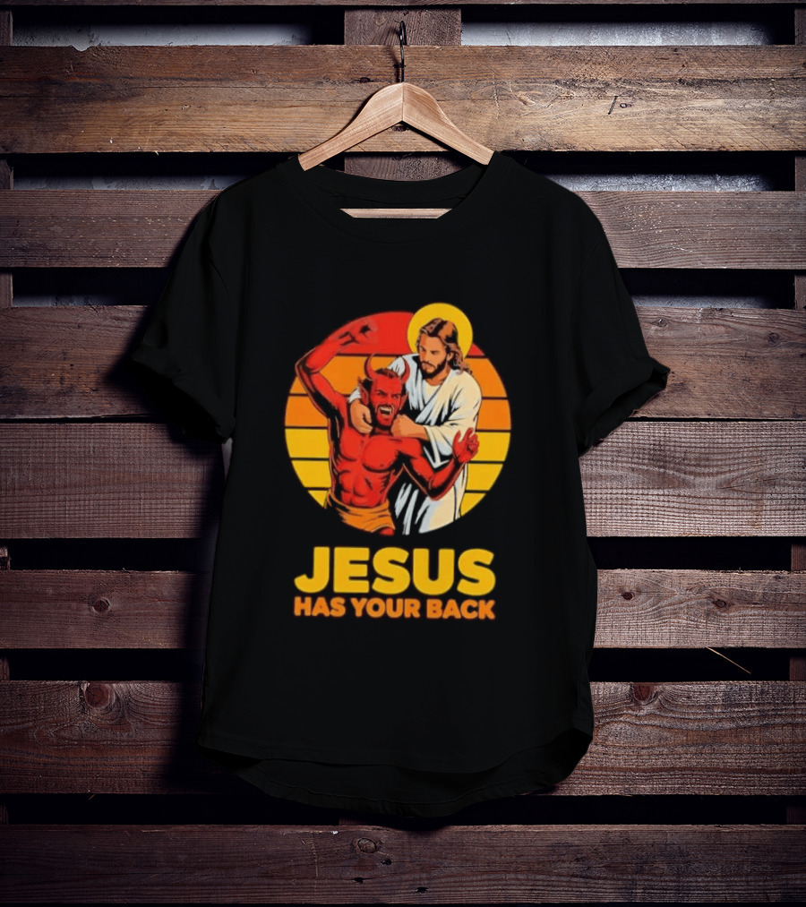 Jesus Has Your Back Vintage Illustration With Devil And Halo Symbolism T-Shirt