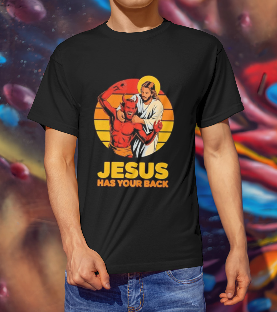 Jesus Has Your Back Vintage Illustration With Devil And Halo Symbolism T-Shirt